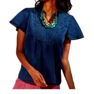 Soft Surroundings Pintucked Navy Denim Tencel Top Size L